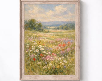 Aquarel veld met wilde bloemen, landschap natuur muurkunst (digitale download)