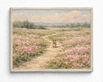 Corgi natuurtafereel schilderij, huisdier portret muurkunst (digitale download)