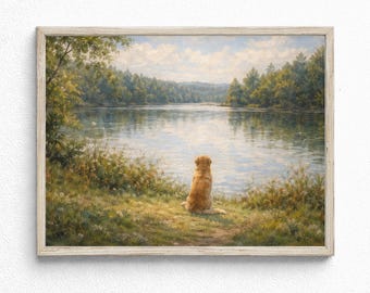 Golden retriever natuurtafereel schilderij, huisdier portret muurkunst (digitale download)