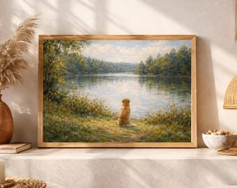 Golden retriever natuurscène print, huisdier portret muurkunst (digitale download)