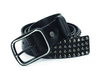 Men Genuine Leather Belt Two-Row-Spike  BLACK