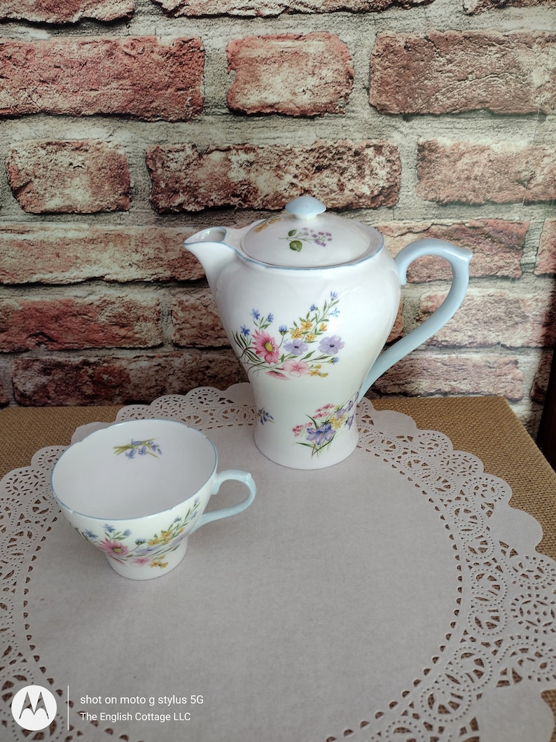 Vintage Shelley Bone China Coffee Pot & Two Teacups Wild Flowers