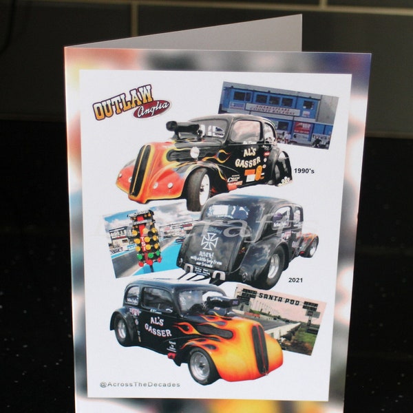 Drag Racing Greeting Card, birthday card for men and boys, hot rod car and Santa Pod Race fans. Ideal Fathers Day Card that Dad will love.