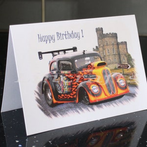 Geburtstagskarte für ihn, Outlaw Anglia, Santa Pod Raceway, Grußkarte, Flyin 'Fyfer, Hot Rod Geschenk, Andenken Wandkunst für Man Cave, Dad, Son