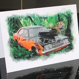 Ford Cortina, Santa Pod Raceway, carte de voeux, voiture rétro personnalisée classique, carte d'anniversaire pour lui, cadeau Hot Rod, Art pour Man Cave, fête des pères