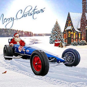 Cartão de Natal Allard Nostalgic Drag Car Ideal para amantes de Drag Racing Tamanho A5 Presente de Natal Papai Noel Pod Fã homens meninos meninas senhoras