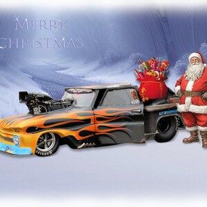 Weihnachtskarte Fast Freddy Pro Mod Ford Pick-up Truck Ideal für Drag Racing Liebhaber A5 Größe Weihnachtsgeschenk Santa Pod Fan Männer Jungen Mädchen Damen