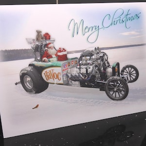 Cartão de Natal de carro de corrida Havoc Fuel Altered Ideal para amantes de corridas de arrancada Tamanho A5 Presente de Natal Papai Noel Pod Fã homens meninos meninas senhoras Nostalgia