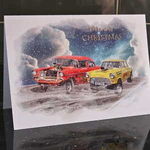 Auto Weihnachtskarte, "Roaring Ratte" & Henry Hirise Gassers. Ideal für Drop-Drag Racing Liebhaber A5 Größe Weihnachtsgeschenk Santa Pod Fan Männer Jungen Mädchen Damen.