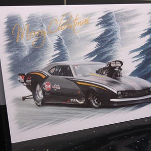Raceauto kerstkaart Vegter Pro Mod Art Ideaal voor liefhebber van dragracen A5-formaat kerstcadeau kerstman fan mannen jongens meisjes dames strak en zwart