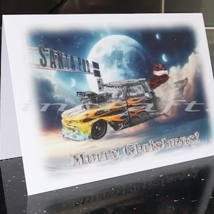 Carte de Noël rapide Freddy Pro Mod camionnette Ford idéale pour les amateurs de courses de dragsters format A5 Cadeau de Noël Fan de Santa Pod hommes garçons filles dames