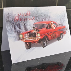 "Weihnachtskarte ""Roaring Rat"" 1957 Chevy, Chevy für einen Rennfahrer Ideal A5 Größe Weihnachten Geschenk Santa Pod Fan Männer Jungen Mädchen Damen."