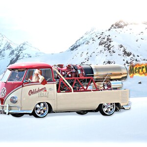 Carte de Noël Oklahoma Willy Pickup Jet Truck Idéal pour les amateurs de courses de dragsters Format A5 Cadeau de Noël Fan du Père Noël pour les fans de Volkswagen et de VW VDub