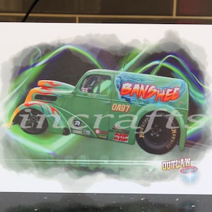 Biglietto di compleanno per uomo, biglietto d'auguri Drag Race, furgone Banshee Fordson, auto personalizzata Hot Rod, arte da parete ricordo per l'uomo delle caverne, papà, figlio