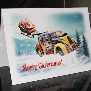 Auto Weihnachtskarte. Flyin 'Fyfer & Schlitten Ford Pop für einen Drag Racing Liebhaber. Idealer Xmas Santa Pod Fan. Geschenk für Männer Jungen Mädchen Damen A5 Größe