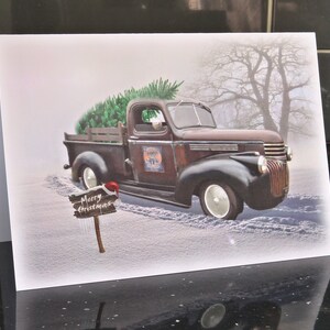 Auto kerstkaart, Chevy pick-up truck Hot Rod aangepaste sneeuwscène ideaal kerstcadeau-tag voor vader, vader, zoon, jongens, meisjes, dames, fan A5-formaat