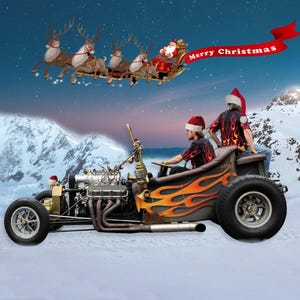 Carte de Noël Fast Freddy Pro Mod Ford Truck Modèle T Idéal pour les amateurs de courses de dragsters format A5 Cadeau de Noël Fan de Santa Pod hommes garçons filles dames