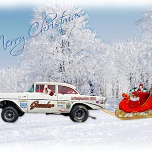 Carte de Noël Voiture de course, Chevrolet Gasser 1956 Guzzler. Idéal pour les amateurs de courses de dragsters. Taille A5 Cadeau de Noël Éventail du Père Noël homme garçons filles Nostalgie