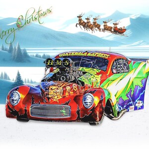 Weihnachtskarte mit Rennwagen Guatemala Express Ideal für Rennfahrer A5 Weihnachtsgeschenk Santa Pod Fan Männer Jungen Mädchen Damen Pro Mod Willys
