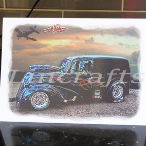 Biglietto di compleanno per uomo, biglietto d'auguri Drag Race, furgone Fordson di Ginner, auto personalizzata Hot Rod, arte da parete ricordo per l'uomo delle caverne, papà, figlio