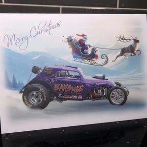 Carte de Noël de voiture de course Banshee Topolino, idéale pour les amateurs de courses de dragsters, format A5, cadeau de Noël, fan du Père Noël, hommes garçons filles, nostalgie rapide