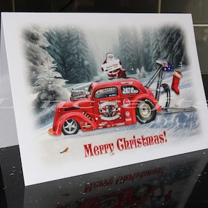 Auto Weihnachtskarte für einenDrag Racing, Hot Rod Liebhaber. Aussie Outlaw Anglia Racer Ford Pop. Ideal für Weihnachten, Nikolaus, Pod-Fan Männer Jungen Mädchen Damen A5