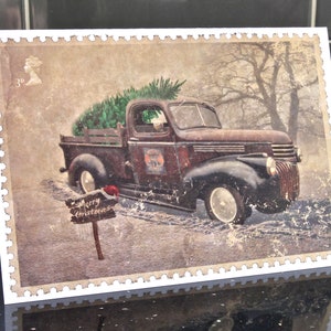 Auto Weihnachtskarte, Chevy Pick-up Hot Rod Custom Schneeszene Stempel. Weihnachtsgeschenkanhänger für Papa, Vater, Sohn, Jungen, Mädchen, Damen, Fächer A5 Größe