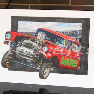 Biglietto di compleanno per uomo, biglietto d'auguri Drag Race, Frankenstien Chevy Gasser, Hot Rod Custom Car Racer, arte da parete ricordo per l'uomo delle caverne, papà figlio