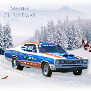 Carte de Noël Voiture de course, Duster Plymouth tout excité. Idéal pour les amateurs de courses de dragsters. Taille A5 Cadeau de Noël Éventail du Père Noël homme garçons filles Nostalgie
