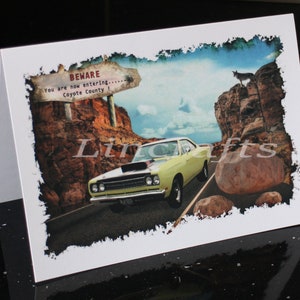 Voiture américaine, Santa Pod Raceway, carte de voeux, Plymouth Roadrunner, carte d'anniversaire pour lui, cadeau Hot Rod, Mopar pour Man Cave, fête des pères