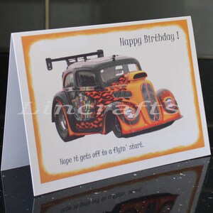 Biglietto di compleanno per lui, Outlaw Anglia, Santa Pod Raceway, Biglietto d'auguri, Flyin' Fyfer, Regalo Hot Rod, Arte da parete ricordo per l'uomo delle caverne, papà, figlio