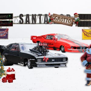 Biglietto di Natale Race Car Grotto Pro Mod Art Ideale per gli amanti delle gare di accelerazione Formato A5 Regalo di Natale Santa Pod Fan uomini ragazzi ragazze donne