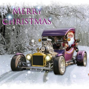 Christmas Hot Rod, Revenge Model T Card per gli amanti delle gare di accelerazione. Ideale per i fan di Santa Pod, uomini, ragazzi, ragazze, donne, arte digitale Nostalgia