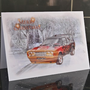 Kundenspezifische Auto Weihnachtskarte Ford Cortina-Zufriedenheits-Winter-Schnee-Szene. Weihnachtsgeschenk Hot Rod Fahrzeug Liebhaber Nostalgie Mann Junge Sohn Junge Mädchen Damen