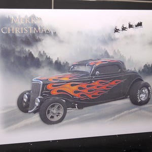 Raceauto kerstkaart 34 Ford Black Flame Ideaal voor liefhebber van dragracen A5-formaat kerstcadeau kerstman fan mannen jongens meisjes dames Flyin Fyfer