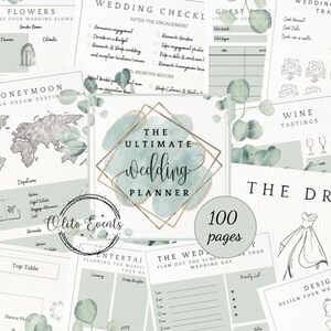 May include: A printable wedding planner with a watercolor background and eucalyptus leaves. The planner includes sections for flowers, the honeymoon, wedding checklist, guest list, wedding savings tracker, wine tastings, the dress, and more. The planner has 100 pages.