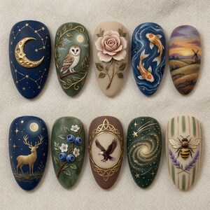 Handmade Mystic Nature Press On Nails 3D Rose Owl Nails Golden Stag Koi Fish Glue On Nails Celestial Moon Galaxy Luxury Antique Art Gift