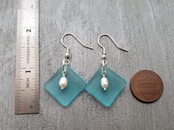 Handmade in Hawaii, Natural Rice pearls with Curved Turquoise Bay Blue sea  glass earrings