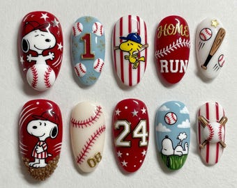 Snoopy Baseball Press On Nails | 3D Home Run Woodstock Nails | Red Blue Sports Fake Nails
