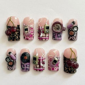 Y2K Cherry MP3 Nail Art, 3D Vintage Boombox Cherry Record Press On Nails, Pink Grunge Coquette Fake Nails Set