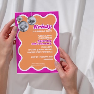 Pink & Orange Disco Ball 40th Birthday Invitation Template