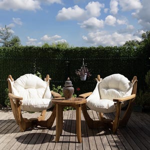elax Outdoor Patio Set – 2 Solid Wood Armchairs & Coffee Table – Handmade Garden Lounge Furniture with Cushions – Rustic Design