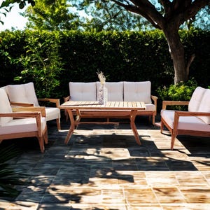 Luna Outdoor Patio Sofa Set – Handcrafted Solid Wood Garden Furniture – Waterproof Cushions – Luxury 3+2+1+1 Set with Table