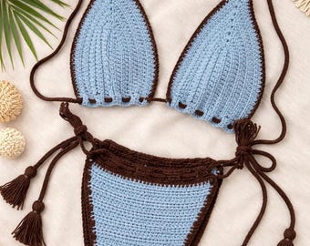 Handmade Crochet Bikini Set in Light Blue and Brown, Boho Tie Side Swimwear