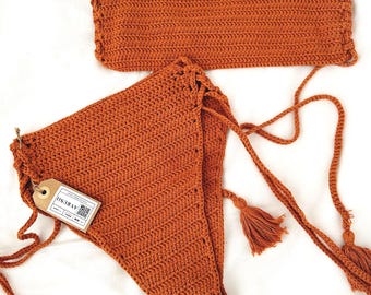 Burnt Orange Crochet Bikini Set, Handmade Boho Beach Swimwear with Tassels