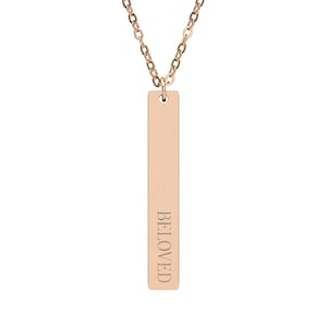 Beloved Engraved Bar Necklace in Rose Gold, faith and Christian jewelry, daughter or granddaughter birthday, quinceanera, adult baptism
