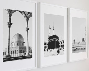 Masjid An-Nabawi Masjid Al-Haram Masjid Al-Aqsa Set of 3 Digital Wall Art, Muslim Home Decor Gift, Islamic Mosque Wall Art, Mosque