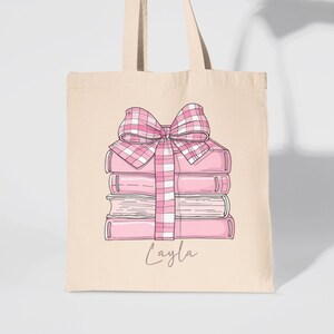 Gepersonaliseerde draagtas katoenen canvas roze boekenstapel en strik, custom, coquette, girly, islamitisch cadeau, ramadan, eid-cadeau, cadeau voor haar