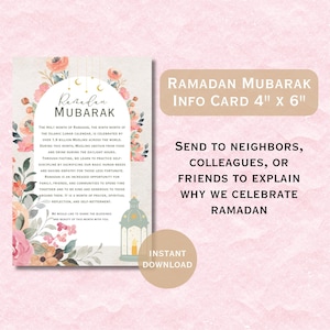 Könnte beinhalten: Eine druckbare Ramadan Mubarak-Infokarte mit einem rosafarbenen Blumendesign und einer Laterne. Die Karte ist 10,16 cm x 15,24 cm groß und enthält Informationen über den islamischen Feiertag Ramadan.