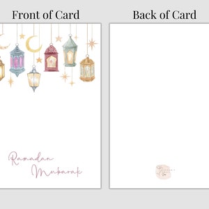 May include: A card with a front and back. The front features a watercolor illustration of hanging lanterns and stars with the text "Ramadan Mubarak". The back is blank with a small logo in the bottom right corner.